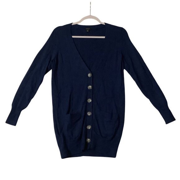 Ann Taylor Navy Extra Fine Merino Wool Cardigan Sweater Button Up Women Medium - Picture 1 of 7
